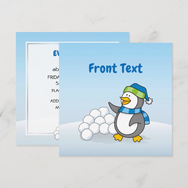 Little penguin with snow balls waving invitation (Front/Back)