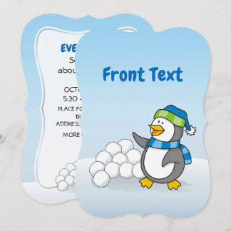 Little penguin with snow balls waving invitation