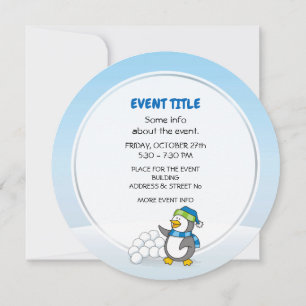 Little penguin with snow balls waving invitation
