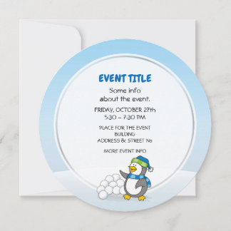 Little penguin with snow balls waving invitation