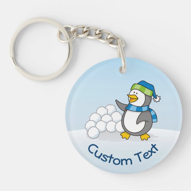 Little Penguin with Snow Balls Waving Keychain (Front)