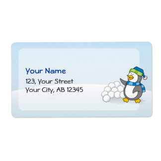 Little penguin with snow balls waving label