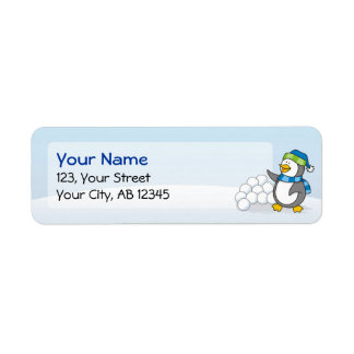 Little penguin with snow balls waving label