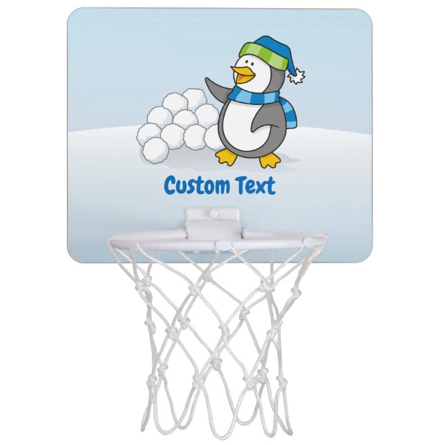 Little penguin with snow balls waving mini basketball hoop (Front)