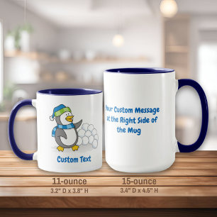 Little penguin with snow balls waving mug