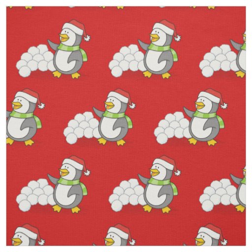 Little Penguin with Snow Balls Waving Pattern Fabric