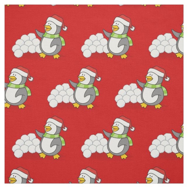 Little Penguin with Snow Balls Waving Pattern Fabric (Swatch)
