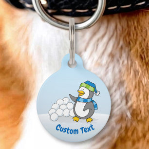 Little Penguin with Snow Balls Waving Pet ID Tag