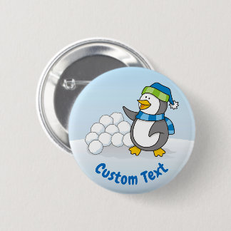 Little penguin with snow balls waving pinback button