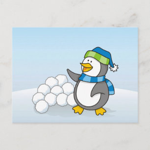 Little penguin with snow balls waving postcard
