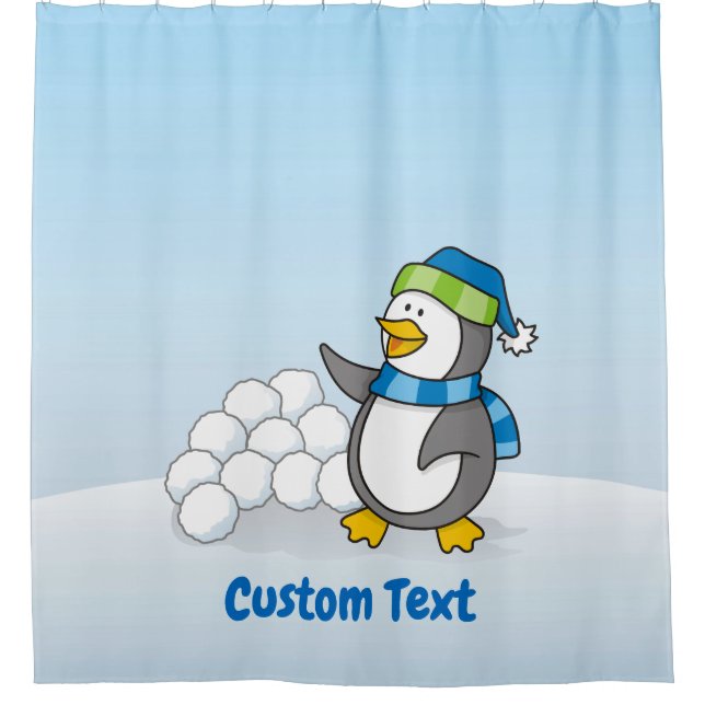 Little penguin with snow balls waving shower curta curtain (Front)