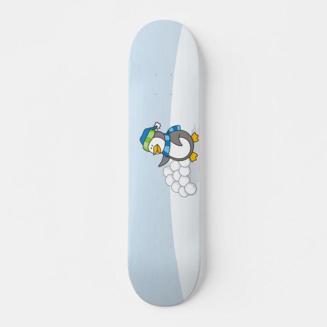 Little penguin with snow balls waving skateboard (Front)