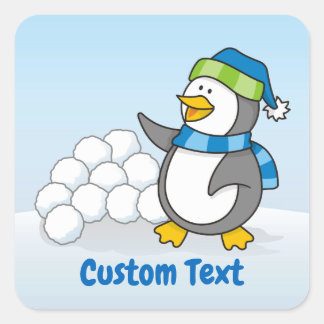 Little penguin with snow balls waving square sticker