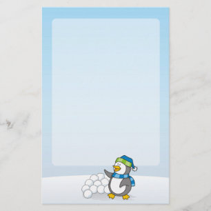 Little penguin with snow balls waving stationery
