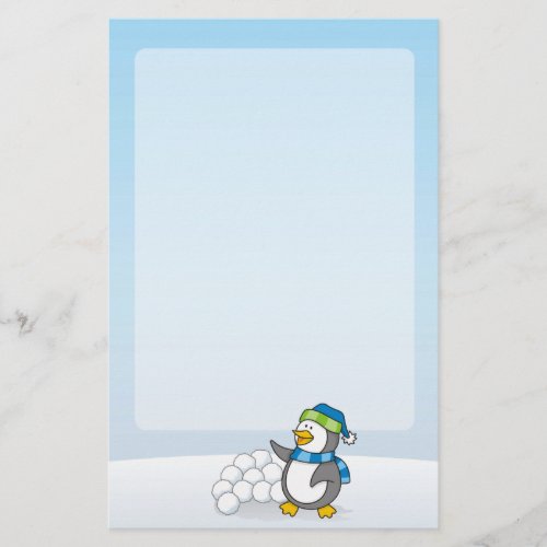 Little penguin with snow balls waving stationery