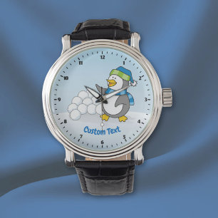 Little penguin with snow balls waving watch