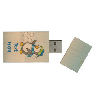 Little penguin with snow balls waving wood flash d drive