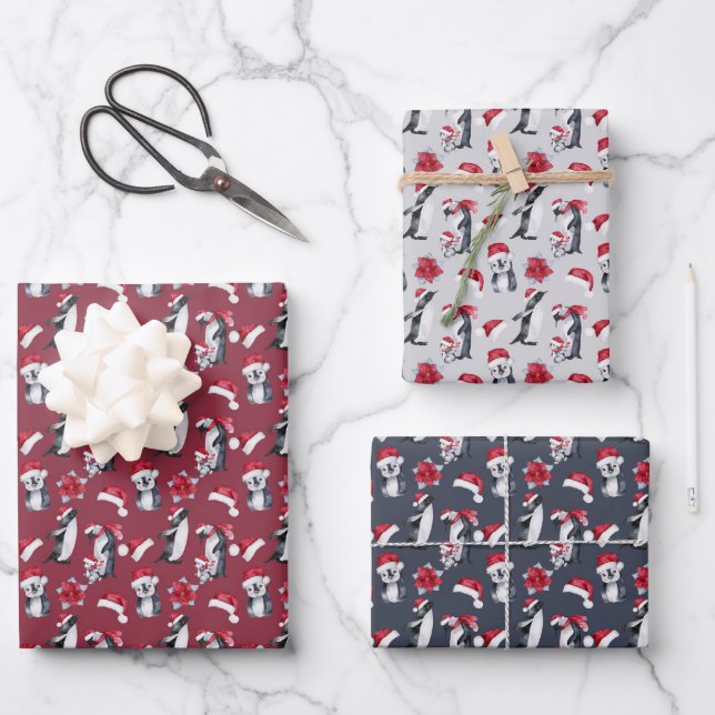 Little Penguins In Santa Hats Wrapping Paper Sheets (Front)
