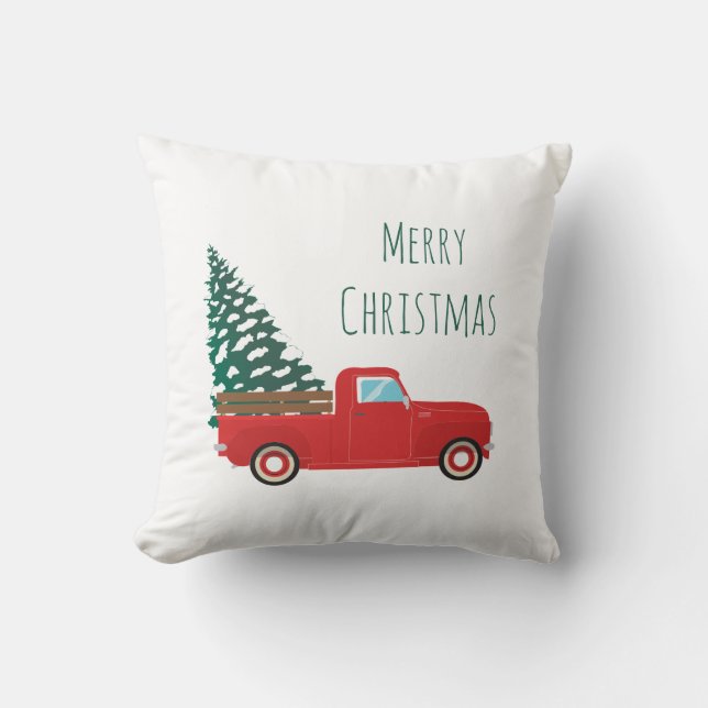 Little Pickup Truck Snow Covered Christmas Tree Throw Pillow (Front)