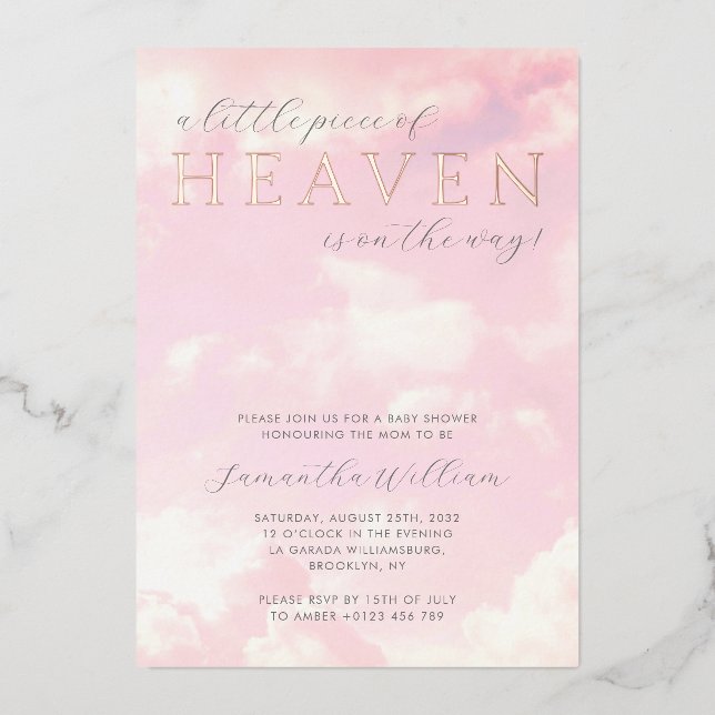 Little Piece of Heaven Clouds Girl Baby Shower  Foil Invitation (Front)