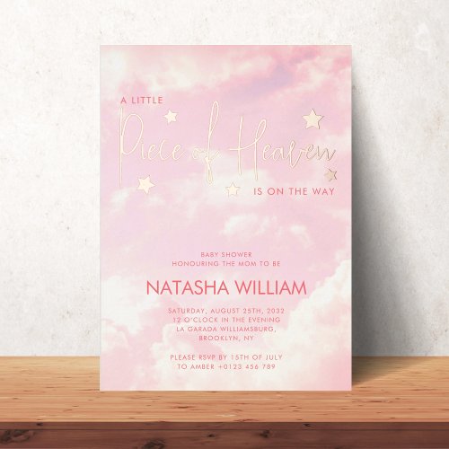 Little Piece of Heaven Pink Clouds Baby Shower Foil Invitation