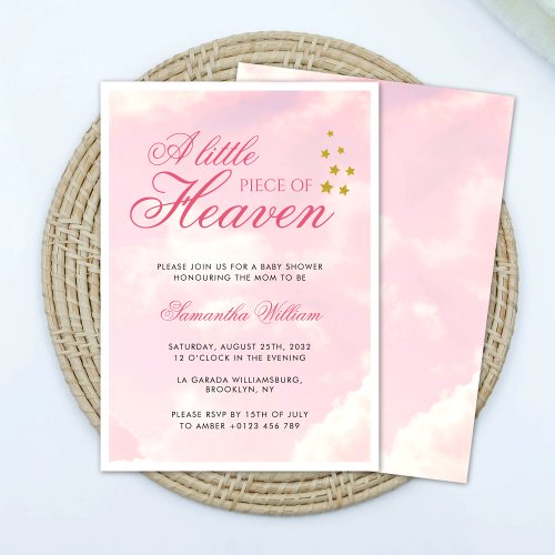 Little Piece of Heaven Pink Cloudy Sky Baby Shower Invitation