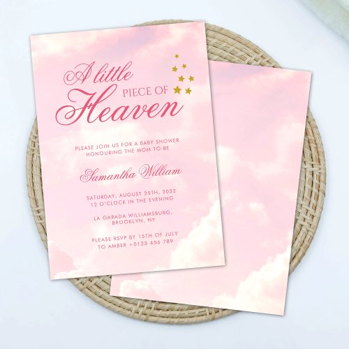 Little Piece of Heaven Pink Cloudy Sky Baby Shower Invitation