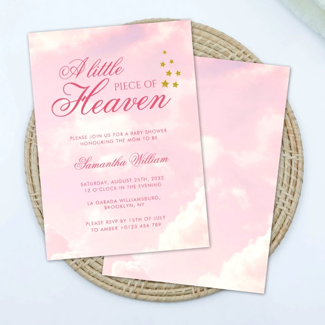 Little Piece of Heaven Pink Cloudy Sky Baby Shower Invitation (Creator Uploaded)