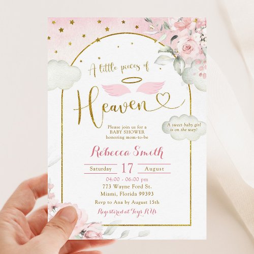 Little Piece of Heaven Pink Gold Baby Shower Invitation