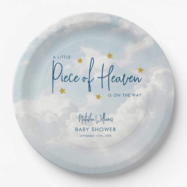 Little Piece of Heaven Sky Blue Baby Shower Paper Plates (Front)