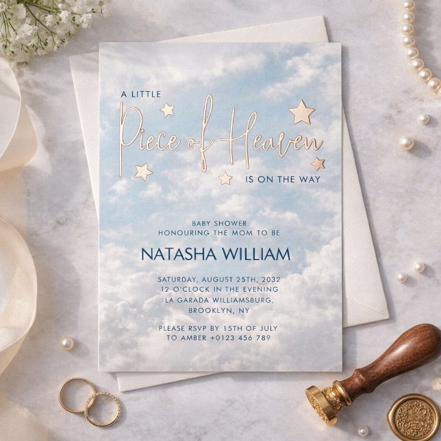 Little Piece of Heaven Sky Blue Clouds Baby Shower Foil Invitation (Creator Uploaded)
