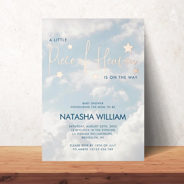 Little Piece of Heaven Sky Blue Clouds Baby Shower Foil Invitation (Creator Uploaded)