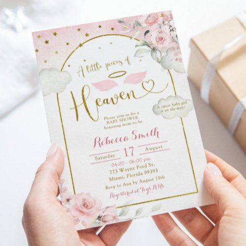 Little Pieces of Heaven Pink Gold Baby Shower Invitation