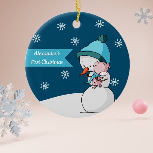 Little Pig and Snowman Hugging First Christmas Ceramic Ornament
