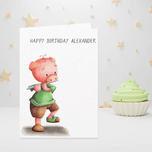 Little Pig Playing the Flute Happy Birthday  Card