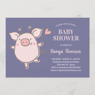 Little Piggy With Balloon Pink Purple Baby Shower Invitation