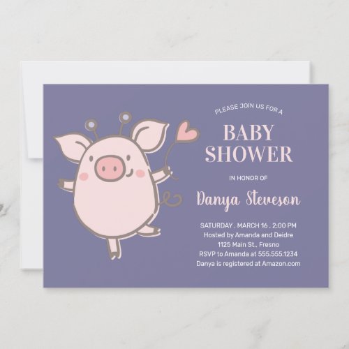 Little Piggy With Balloon Pink Purple Baby Shower Invitation