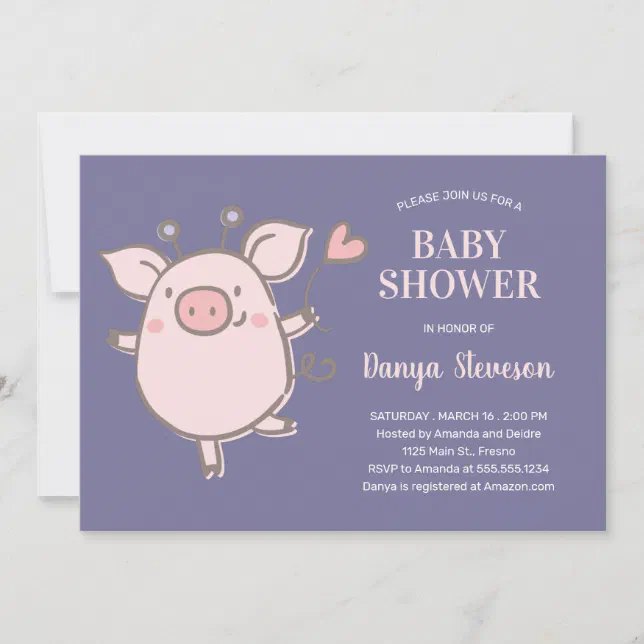 Little Piggy With Balloon Pink Purple Baby Shower Invitation | Zazzle