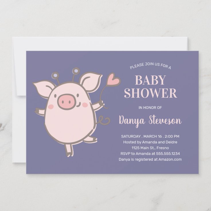 Little Piggy With Balloon Pink Purple Baby Shower Invitation | Zazzle