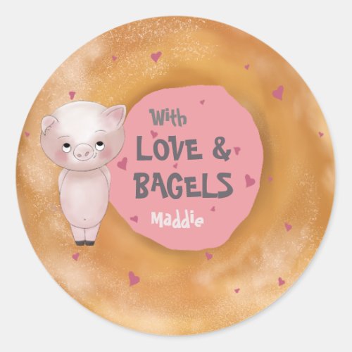 Little Piggy With Love  Bagels  Salmon Pink Classic Round Sticker