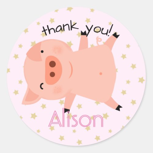 Little Piggy With Stars Thank You Pink Classic Round Sticker