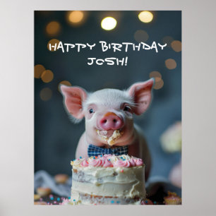 Little piglet munching on a birthday cake poster