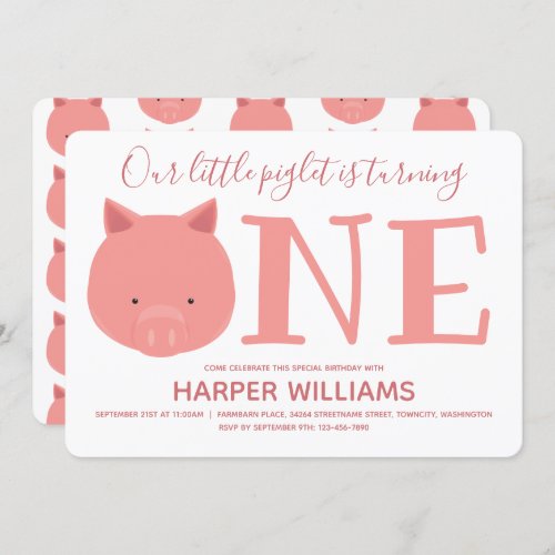 Little Piglet Turning One Animal First Birthday In Invitation