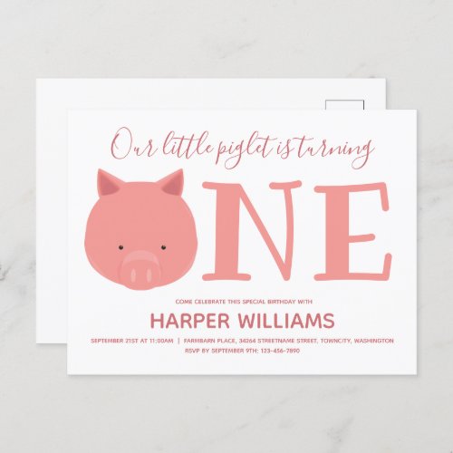 Little Piglet Turning One Animal First Birthday Invitation Postcard