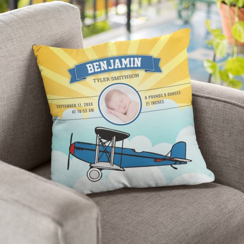 Little Pilot Blue Airplane Baby Photo Birth Stats Throw Pillow