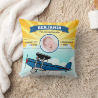 Little Pilot Blue Airplane Baby Photo Birth Stats Throw Pillow