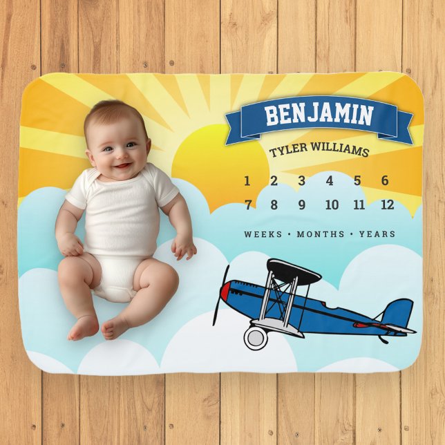 Little Pilot Blue Airplane Monthly Milestone Baby Blanket (Creator Uploaded)