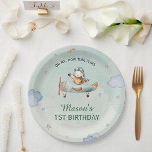 Little Pilot Green Sky 1st Birthday Airplane Party Paper Plates