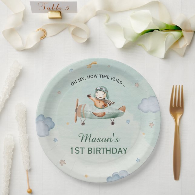 Little Pilot Green Sky 1st Birthday Airplane Party Paper Plates (Wedding)