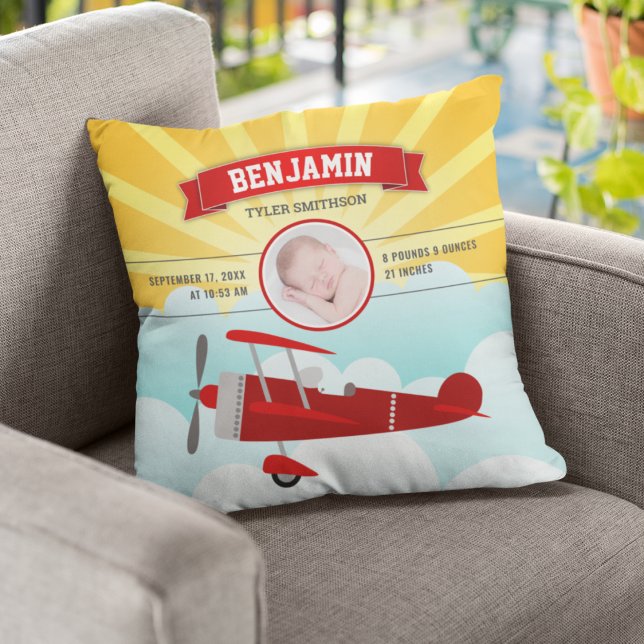 Little Pilot Red Airplane Baby Photo Birth Stats Throw Pillow (Creator Uploaded)